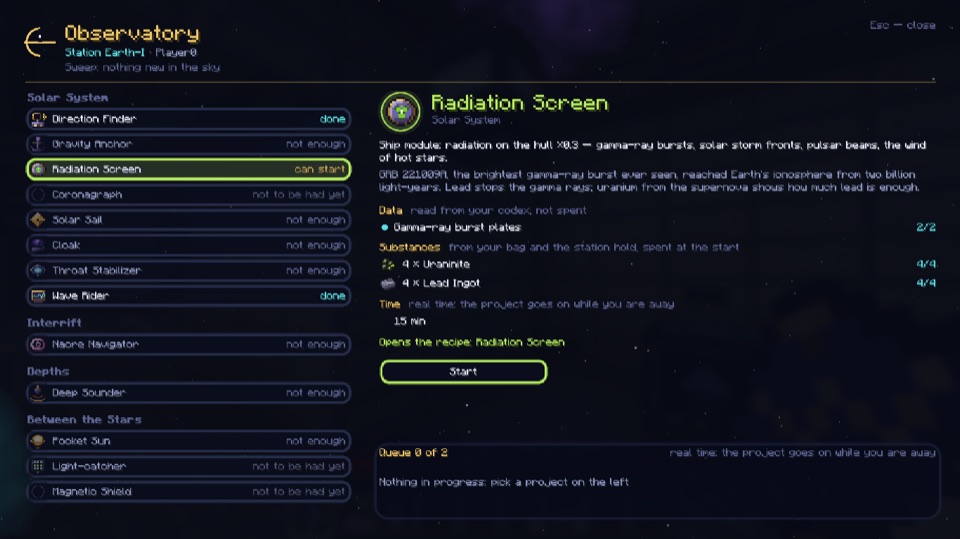 The observatory window: projects, substances and the queue